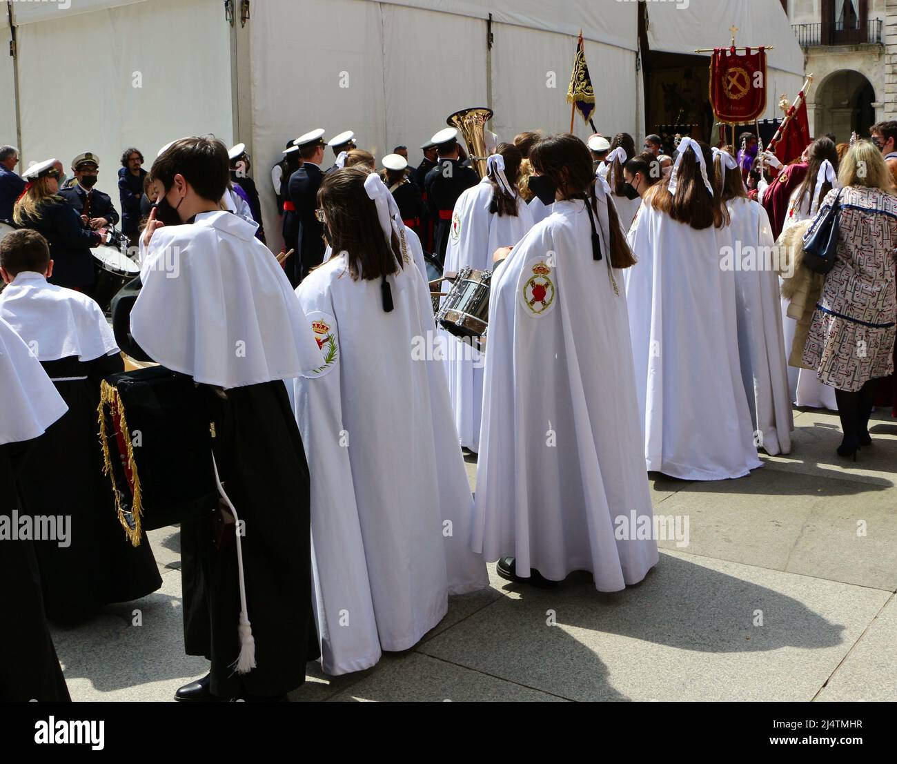 Marching bands passing into the Plaza Porticada Santander Spain Easter