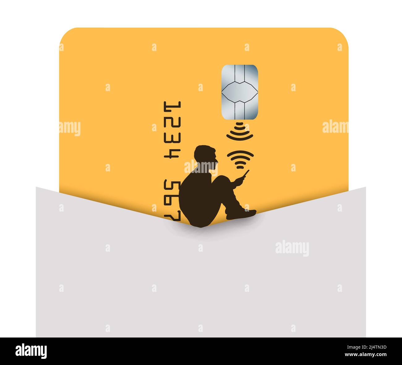 Near Field Communication is being used as a young man sits near his credit card with his cell phone in a 3-d illustration. Stock Photo