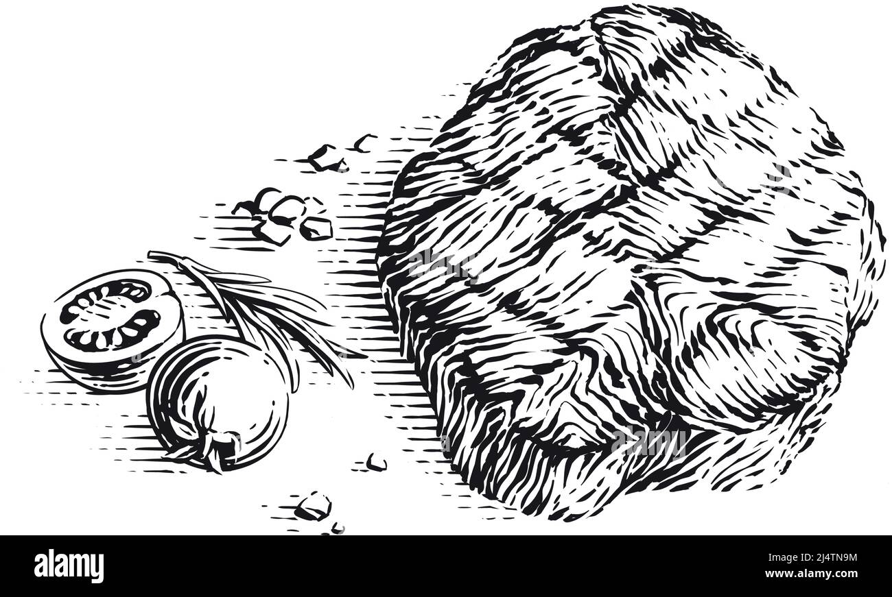 meat steak on wood board hand drawing sketch engraving illustration