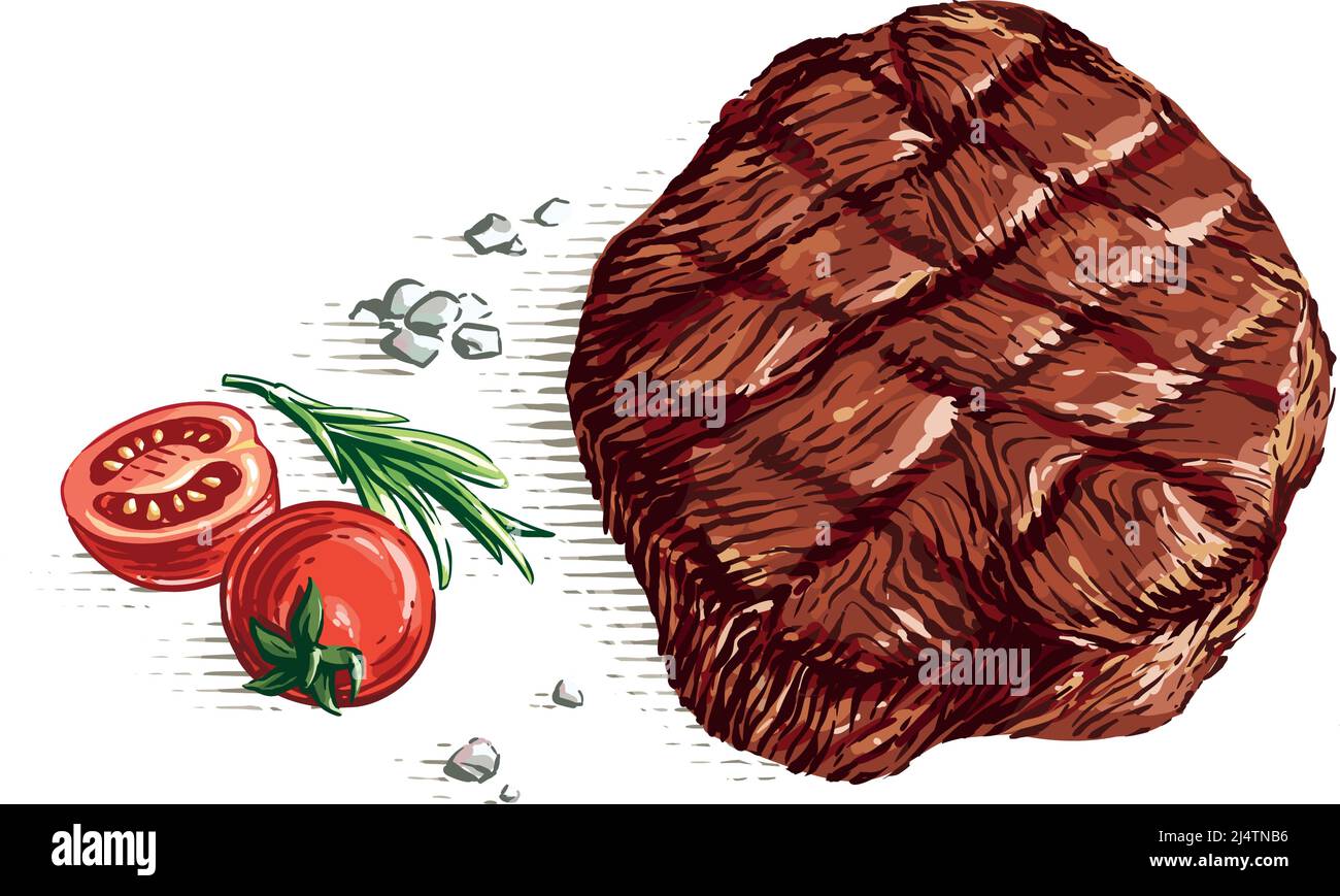 meat steak on wood board hand drawing sketch engraving illustration