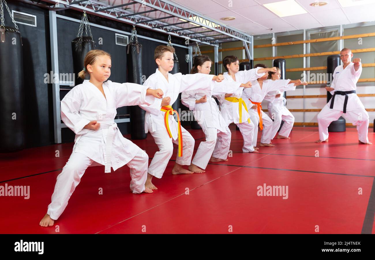 Schoolchilds practicing new technique in karate class Stock Photo