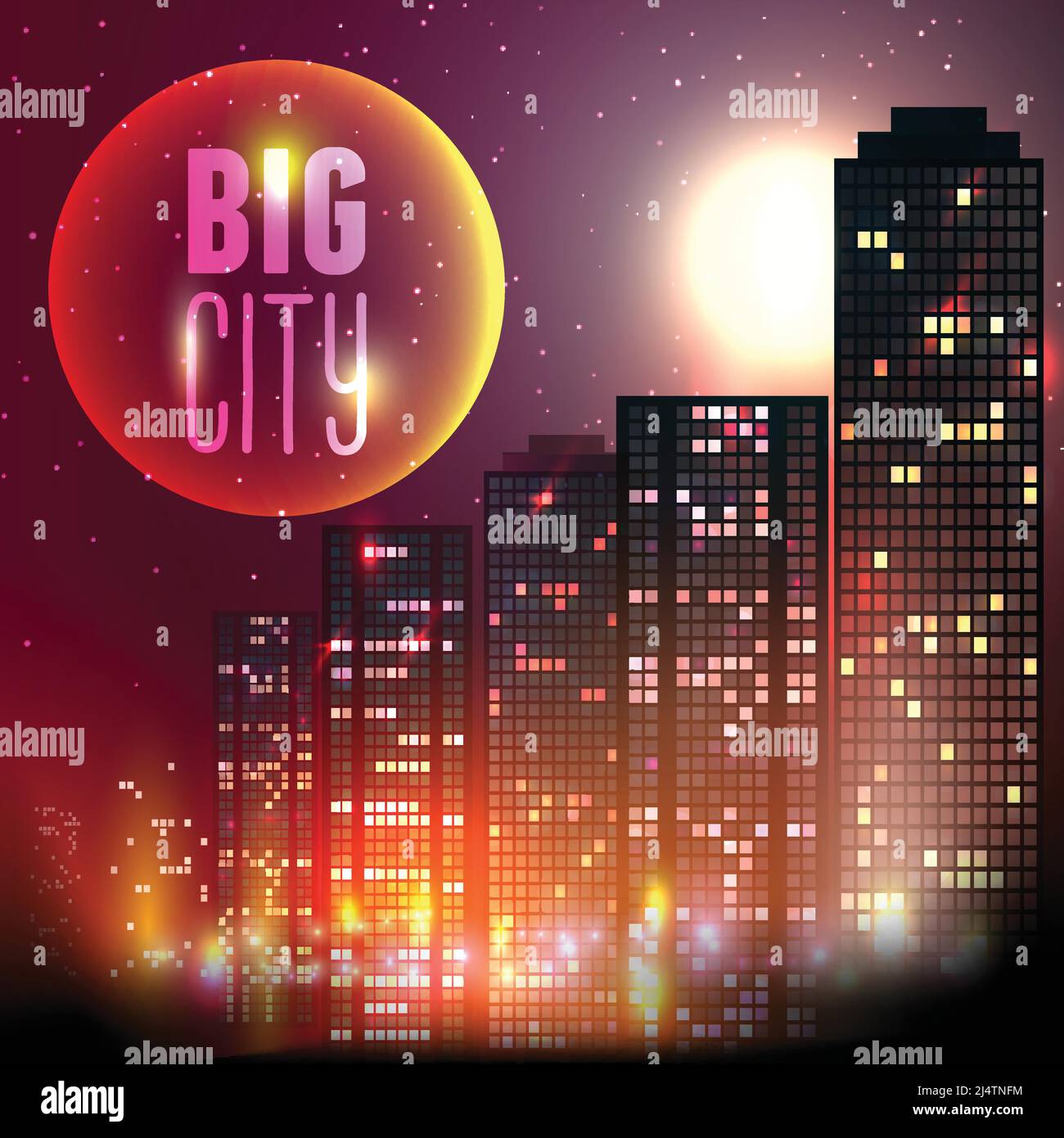 Modern urban city skyline at full moon night on red background vector ...