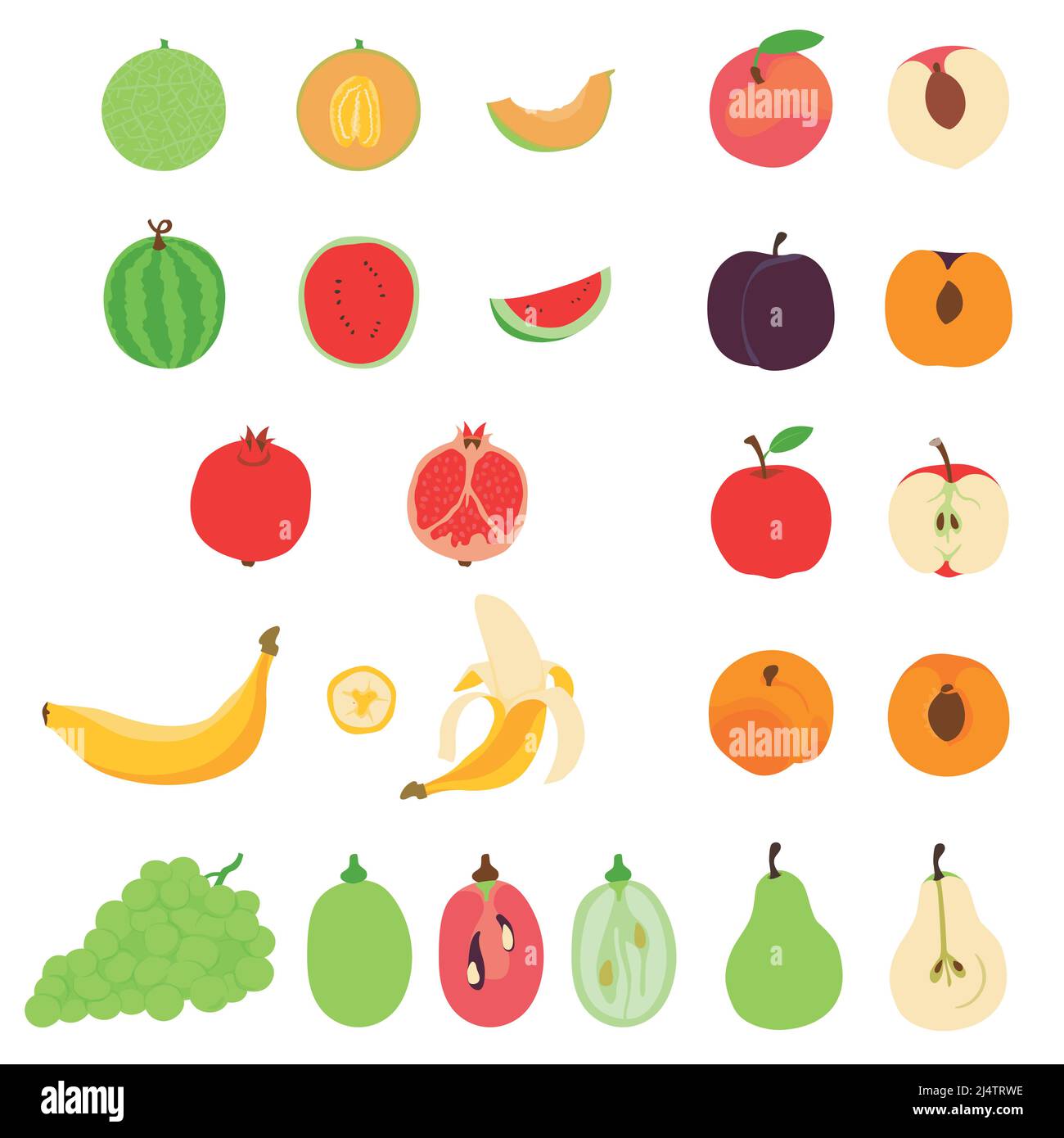 Collection of various hand drawn, flat colored fruits, isolated on a ...