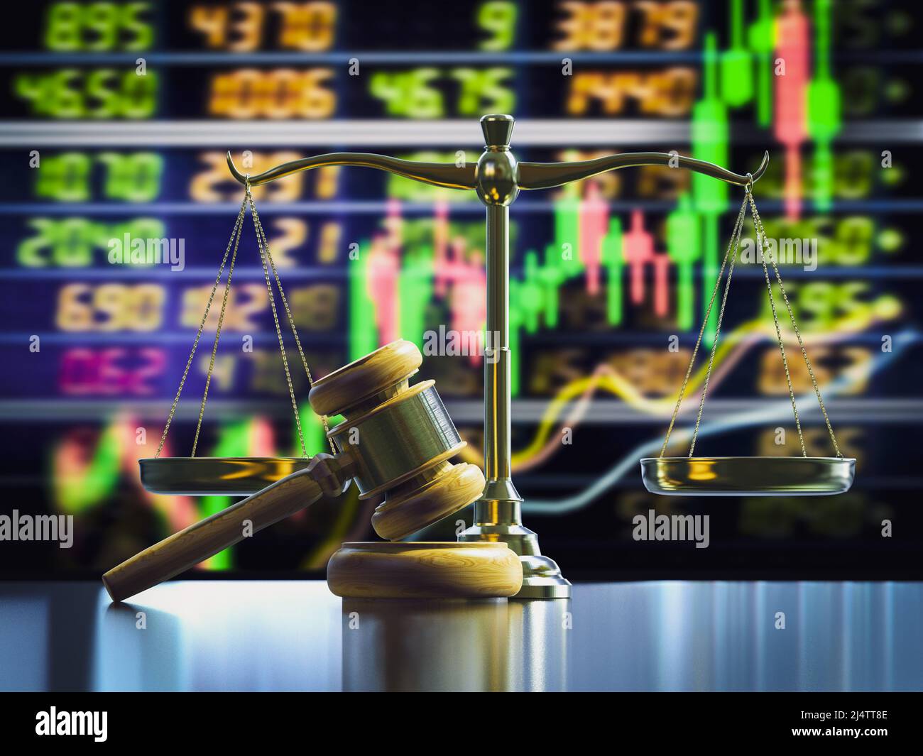 Financial law concept with 3d rendering law scale and gavel judge on stock market exchange board Stock Photo
