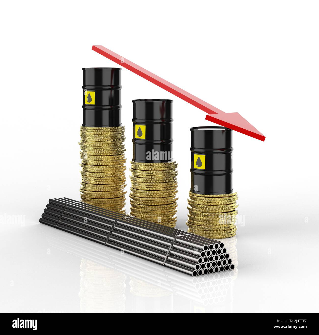 Commodity price falling concept with 3d rendering oil barrel and steel with arrow down Stock Photo