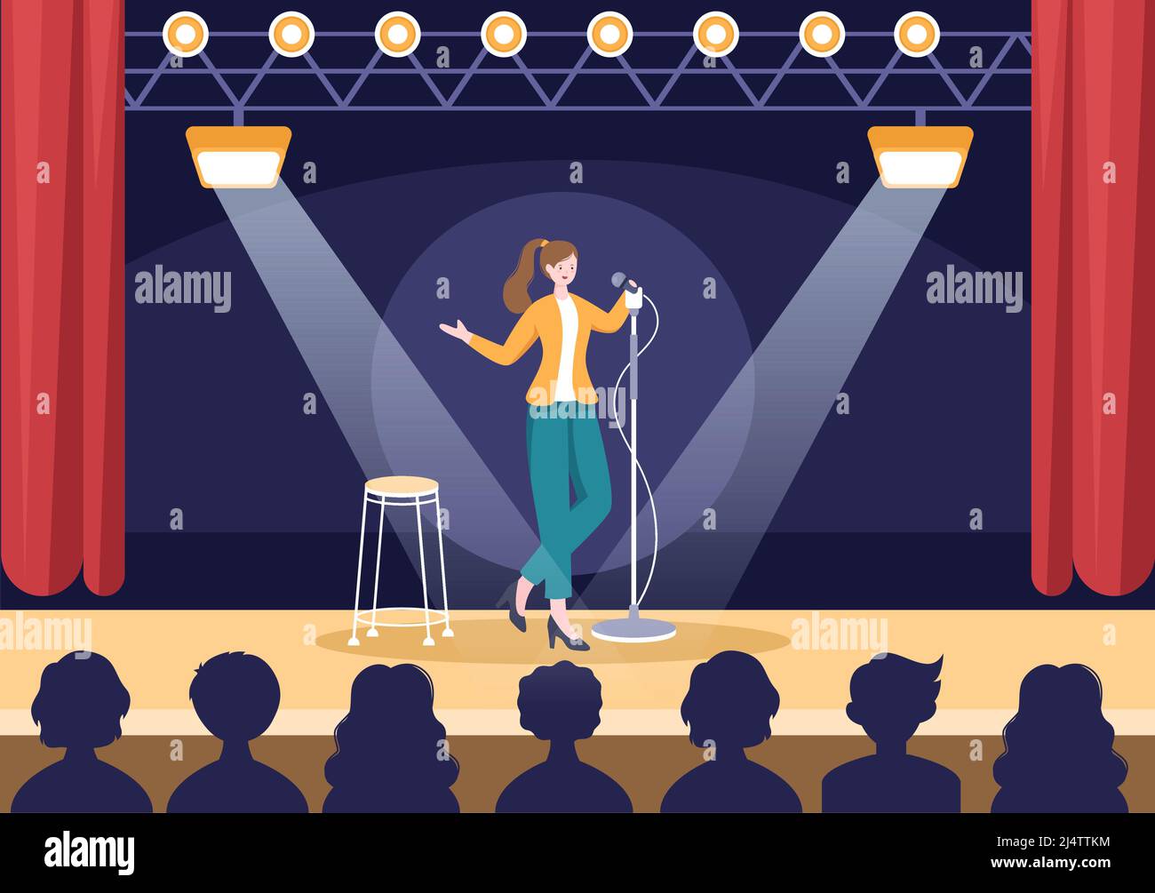 Stand Up Comedy Show Theater Scene with Red Curtains and Open Microphone to Comedian Performing on Stage in Flat Style Cartoon Illustration Stock Vector