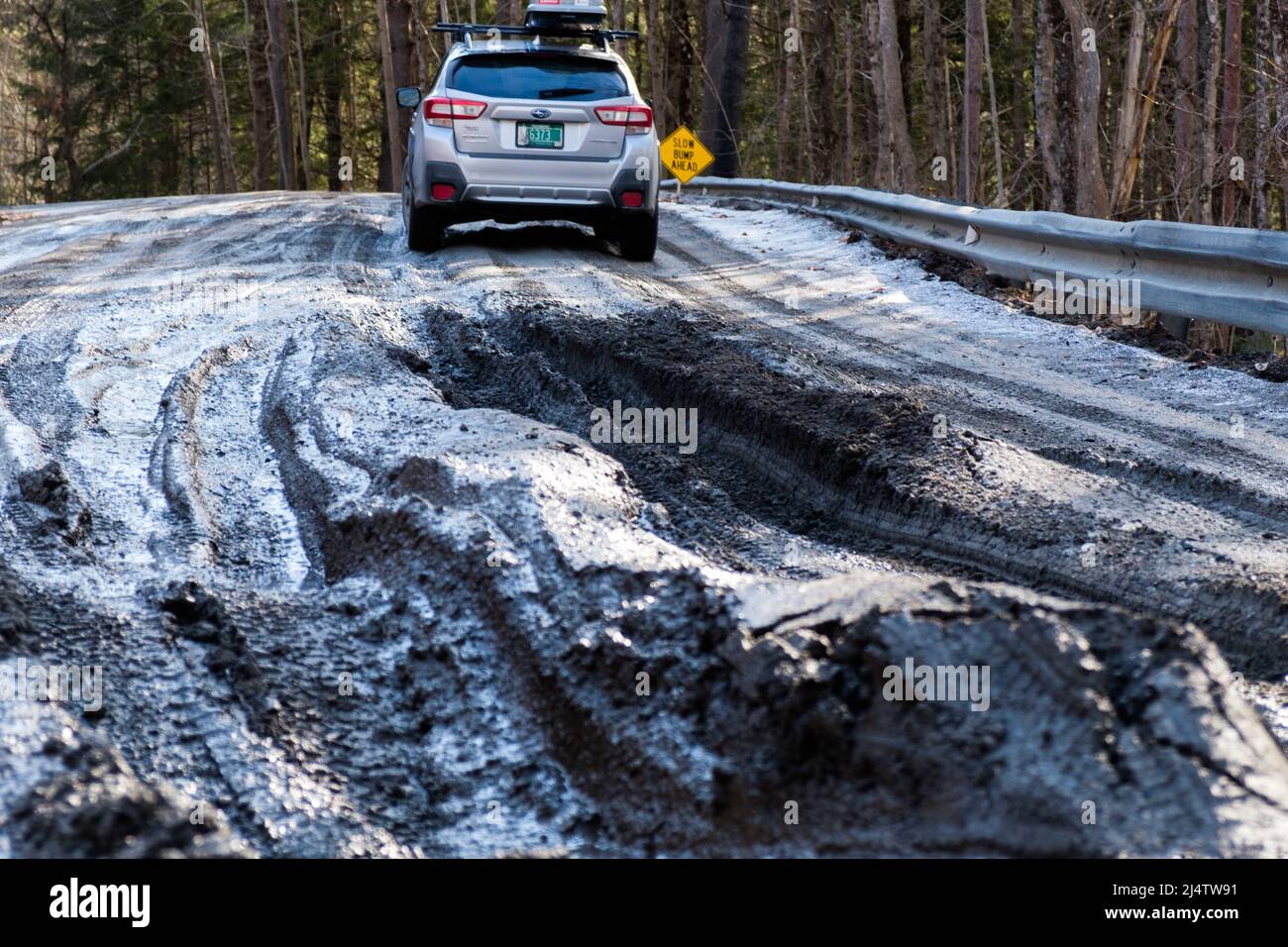 Mud Season, the descent of Vermont dirt roads into mud bogs, happens every spring, usually in March and April. State of Vermont, USA. Stock Photo