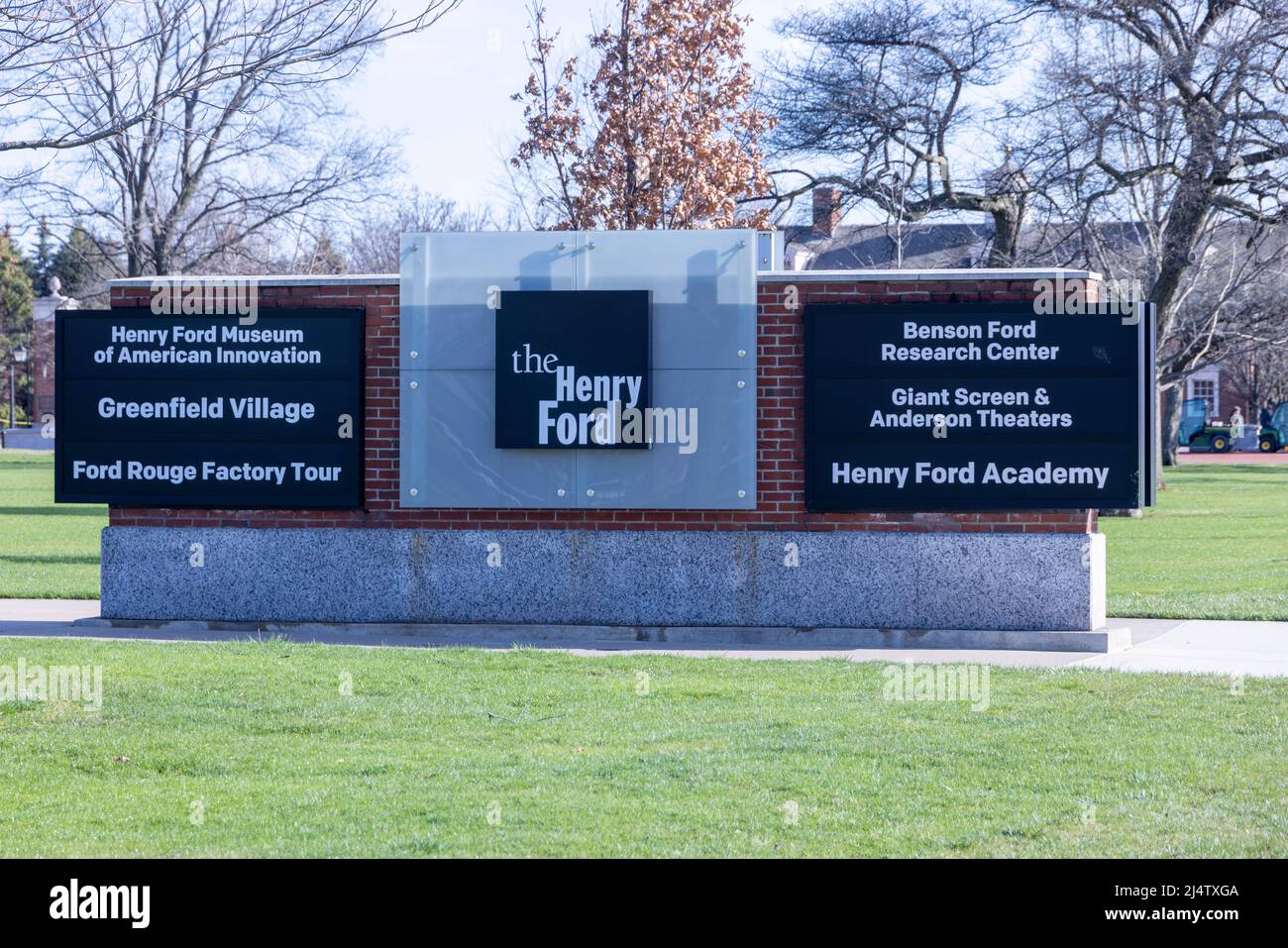 signs for The Henry Ford, Museum of American Innovation, Greenfield Village, Benson Research Center, Academy, Dearborn, Michigan, USA Stock Photo