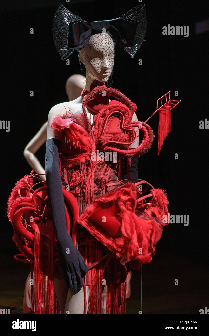 Paris, France. 13th Apr, 2022. A designer dress by Jean Paul Gaultier is  exhibited during the Love Brings Love exhibition at the Palais Galliera  museum. The Palais Galliera also called the Fashion