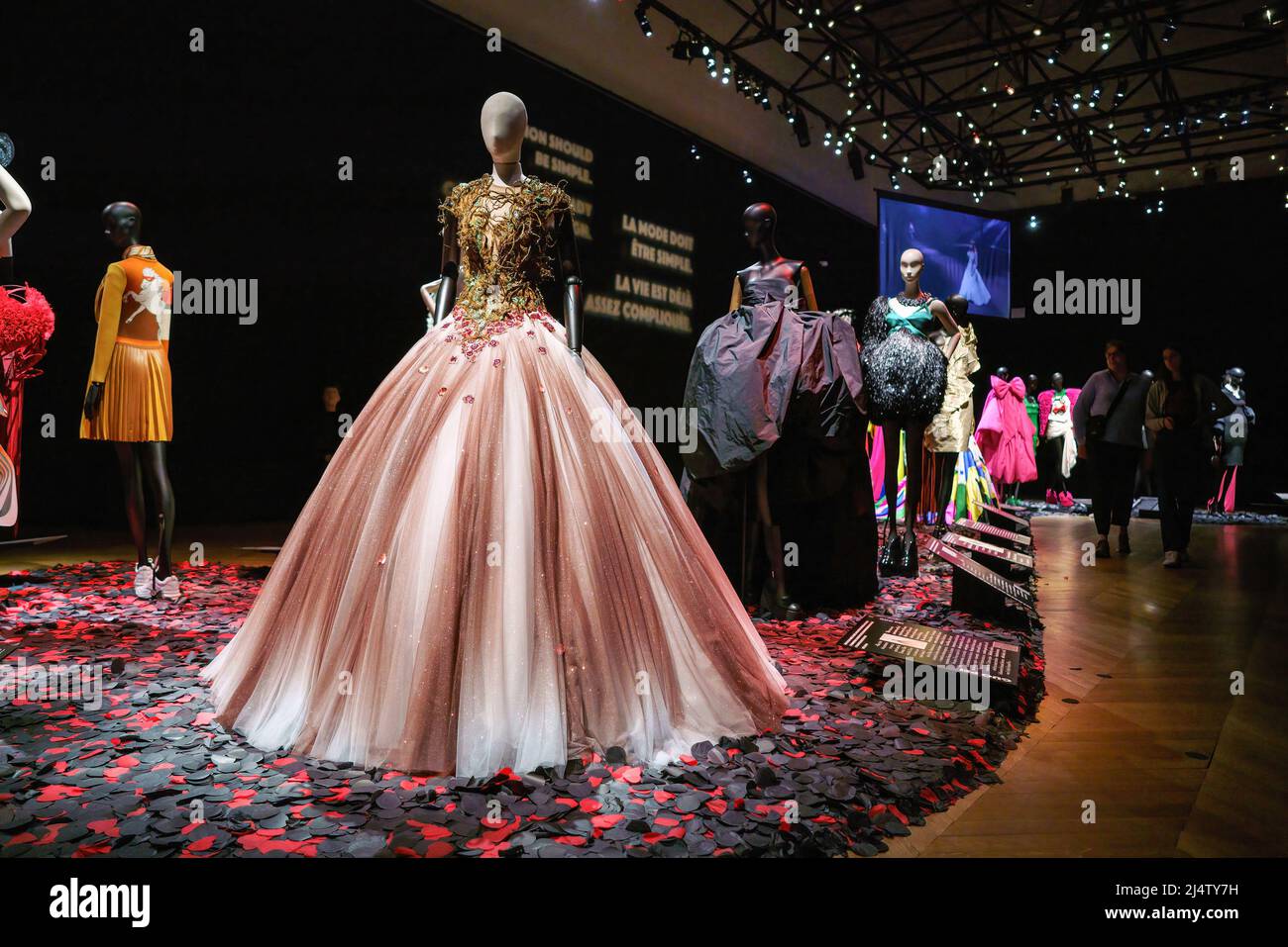 Paris, France. 13th Apr, 2022. Designer dress by Balenciaga is exhibited  during the Love Brings Love exhibition at the Palais Galliera museum. The  Palais Galliera also called the Fashion Museum of the