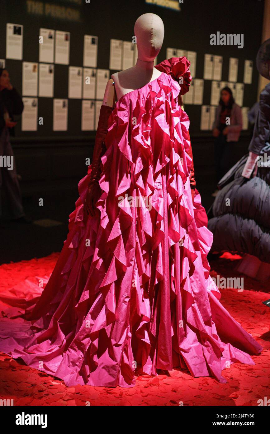 Paris, France. 13th Apr, 2022. Designer dress by Valentino is exhibited during the Love Brings exhibition at the Palais Galliera museum. The Palais Galliera also called the Museum of the