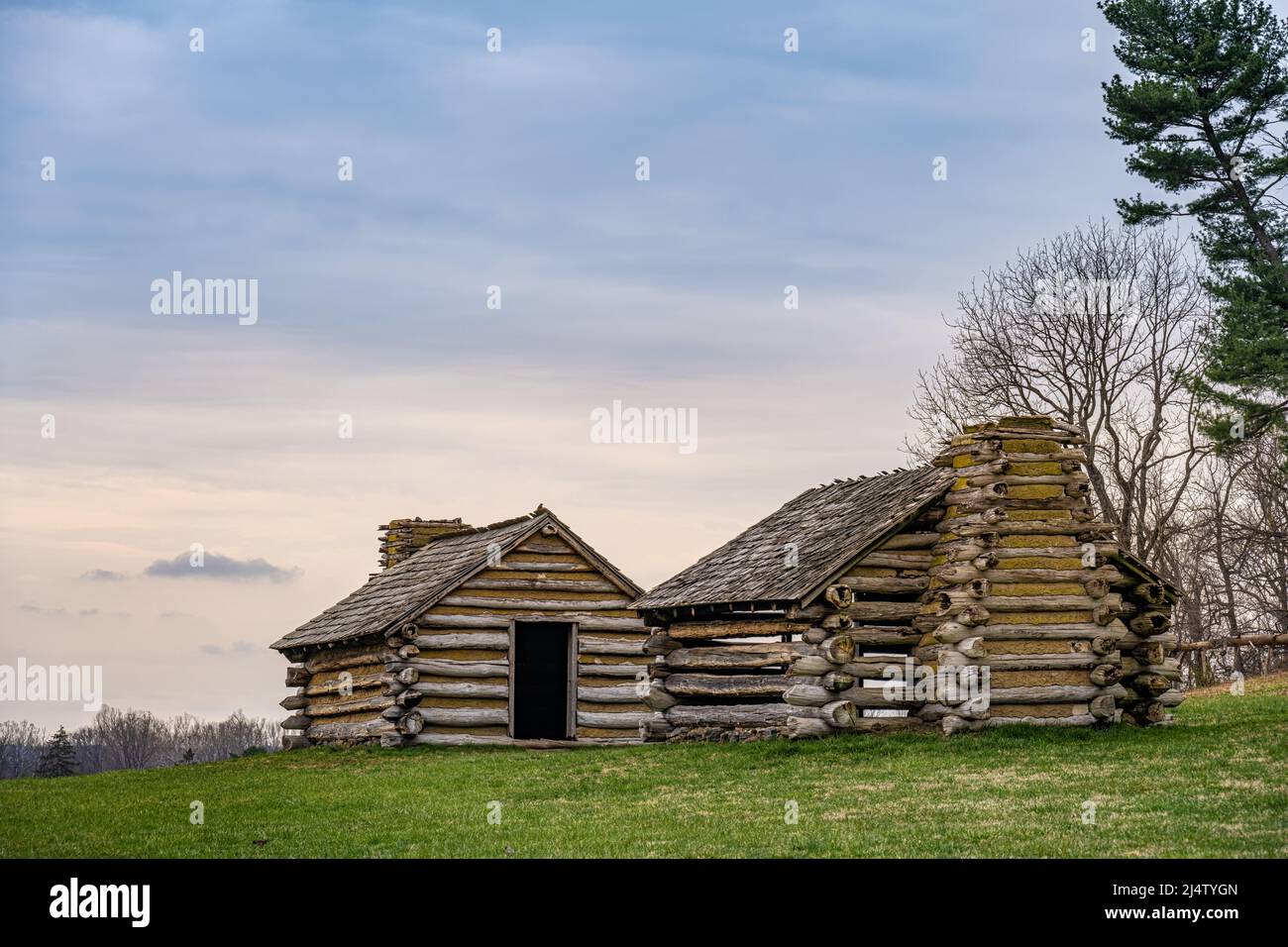 Log cabins at Valley Forge National Historical Park in King of Prussia, Pennsylvania. (USA) Stock Photo