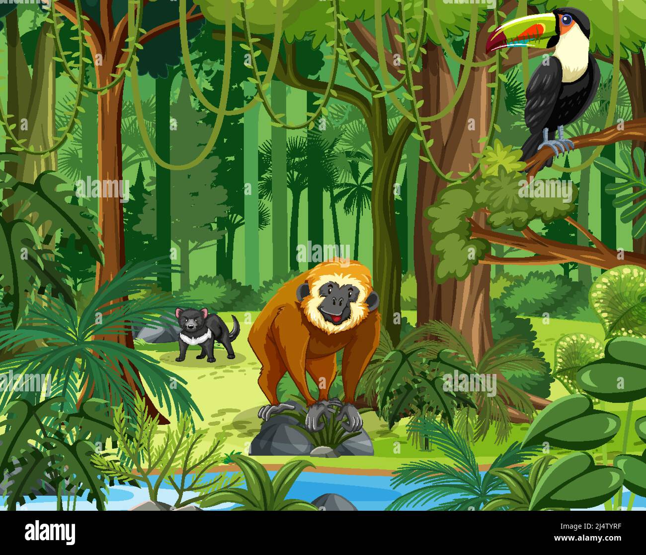 Forest scene with various wild animals illustration Stock Vector