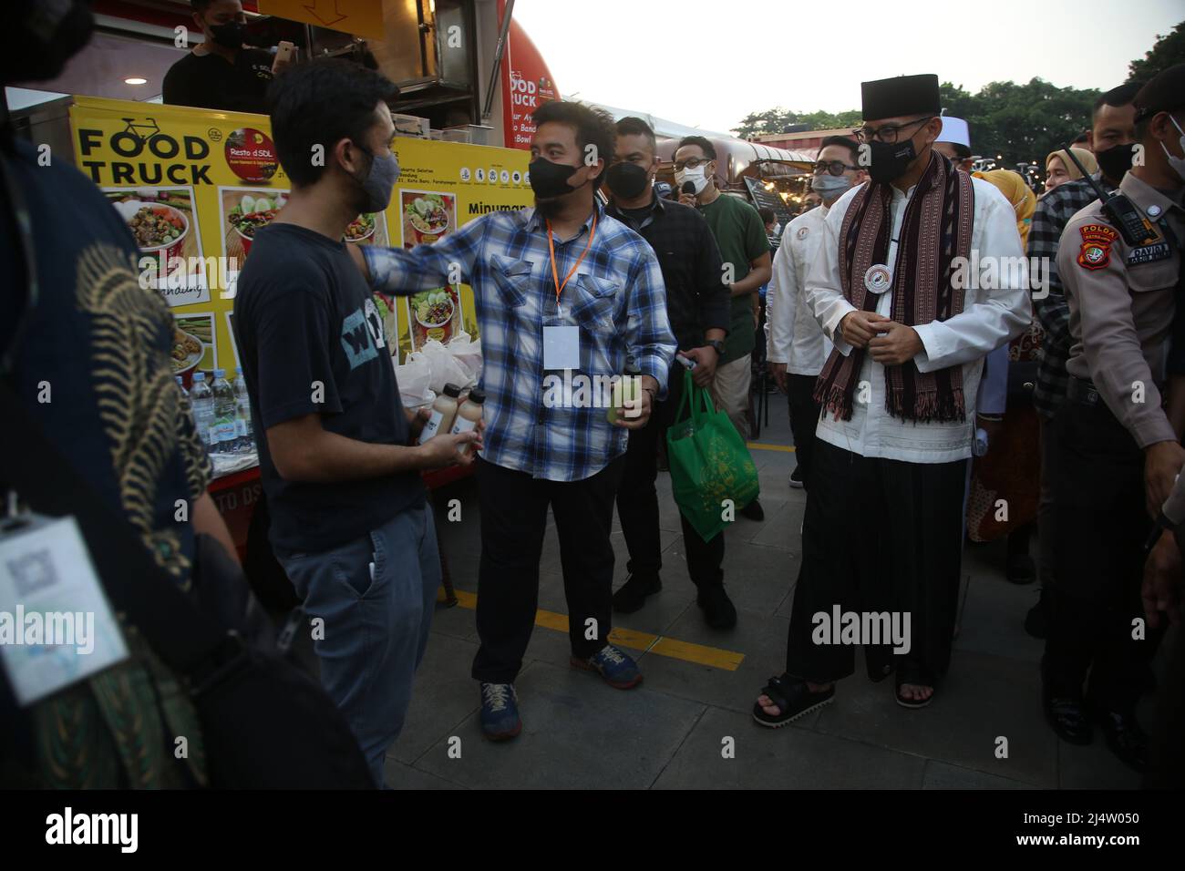 April 17, 2022, Jakarta, Jakarta Capital Special Region, Indonesia: Minister of Tourism and Creative Economy Sandiaga Salahaudin Uno during his visit to the 2022 Istiqlal Halal Expo at the Itiqlal Mosque Court, Jakarta. Sandiaga Uno hopes that this event can be a new milestone as well as the first step in Indonesia's economic revival after the Covid-19 pandemic, and it is hoped that Indonesian Micro, Small and Medium Enterprises (MSMEs) can rise again with new innovations and creativity in the future. The Istiqlal Mosque held the Istiqlal Halal Expo202 event to support the halal ecosystem in I Stock Photo