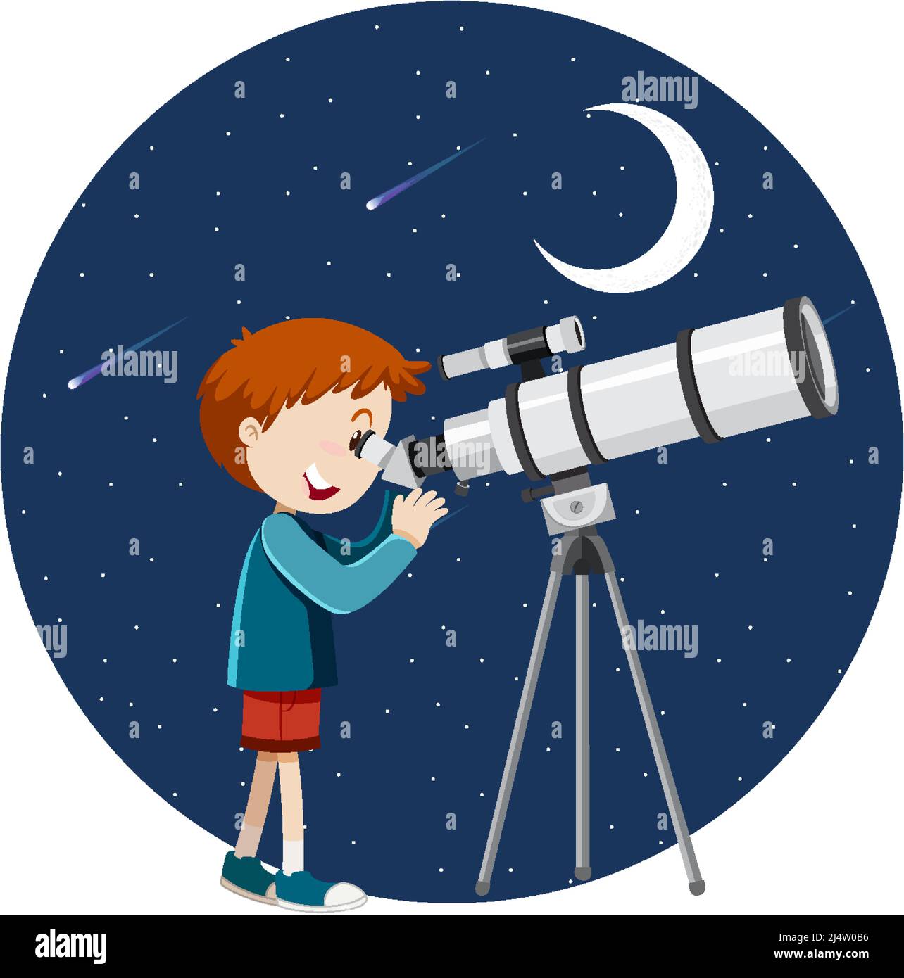 A boy looking through telescope at night illustration Stock Vector