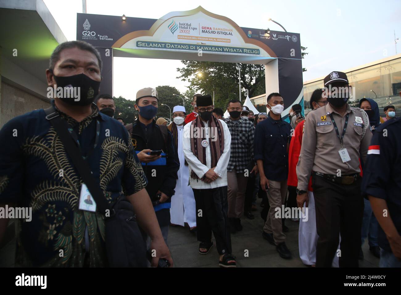 April 17, 2022, Jakarta, Jakarta Capital Special Region, Indonesia: Minister of Tourism and Creative Economy Sandiaga Salahaudin Uno during his visit to the 2022 Istiqlal Halal Expo at the Itiqlal Mosque Court, Jakarta. Sandiaga Uno hopes that this event can be a new milestone as well as the first step in Indonesia's economic revival after the Covid-19 pandemic, and it is hoped that Indonesian Micro, Small and Medium Enterprises (MSMEs) can rise again with new innovations and creativity in the future. The Istiqlal Mosque held the Istiqlal Halal Expo202 event to support the halal ecosystem in I Stock Photo