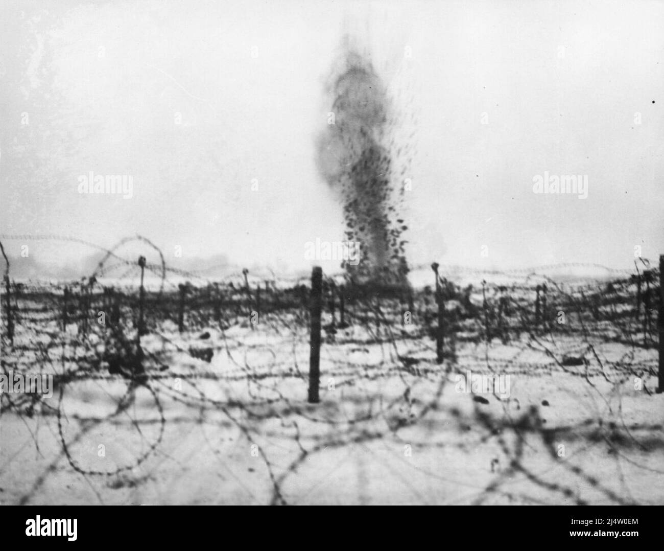 A shell explodong of the front lines of the Western Front during WW1 Stock Photo