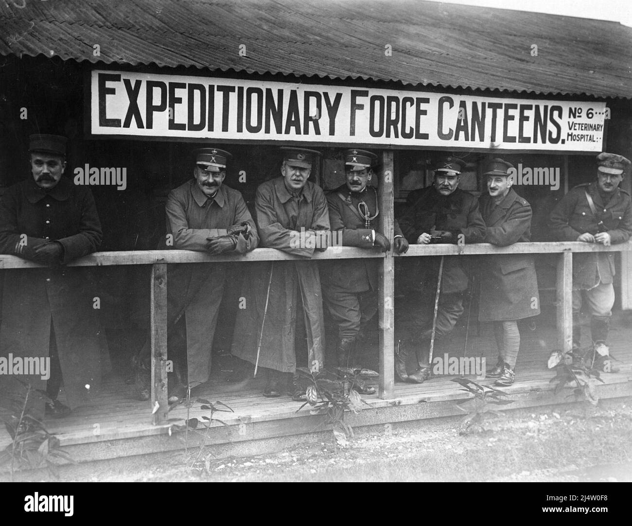Spanish generals and members of a Spanish military delegation with British officers at the Expeditionary Force Canteen, Rouen, March 1917. Stock Photo