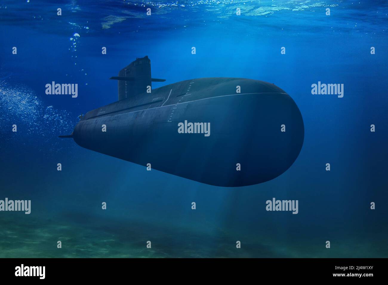Naval submarine submerge underwater during a mission in open sea Stock
