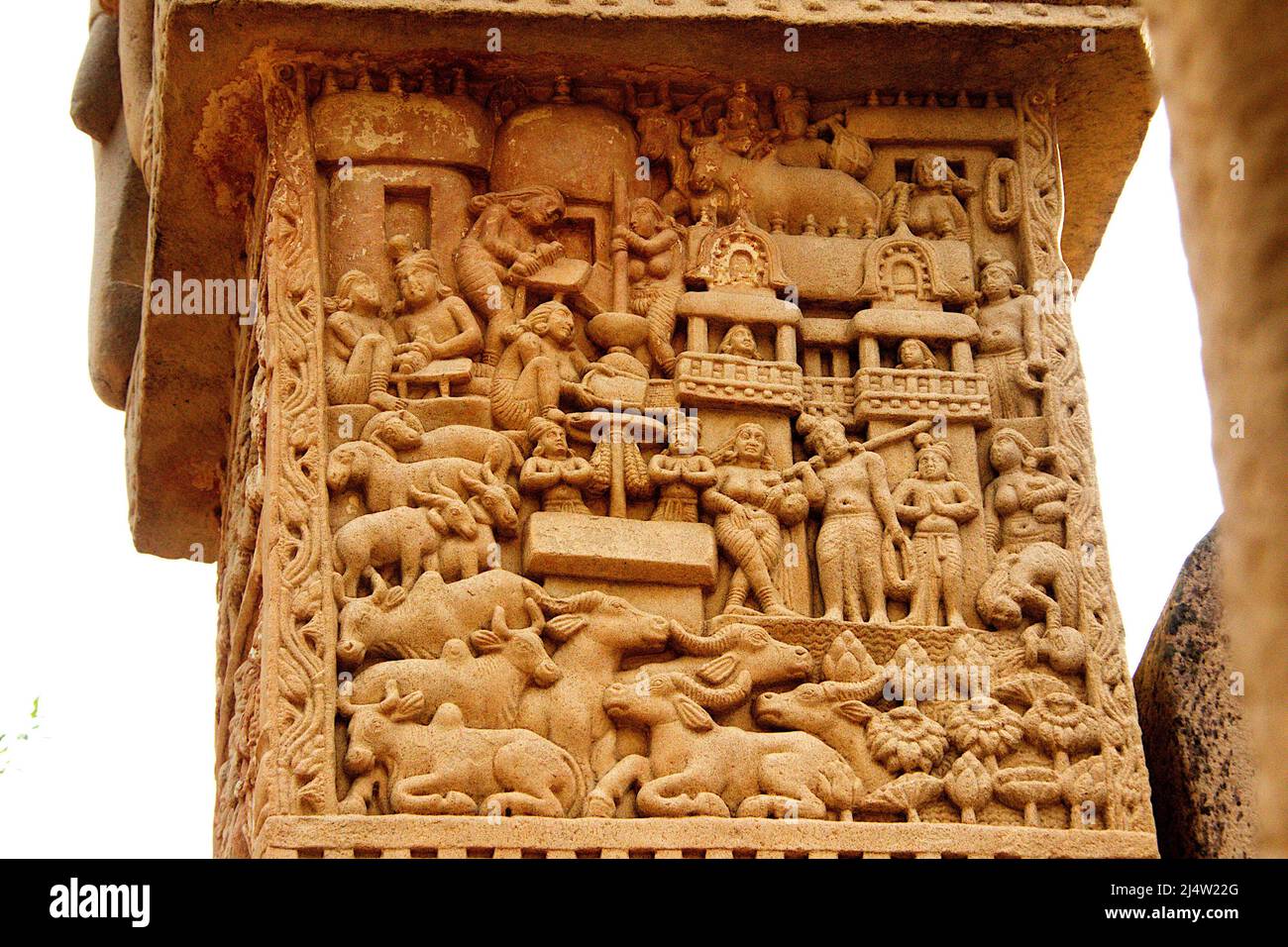 Depiction of coexistence of human and animals on stone pillar at Stupa in Sanchi, near Bhopal, Madhya Pradesh, India, Asia Stock Photo