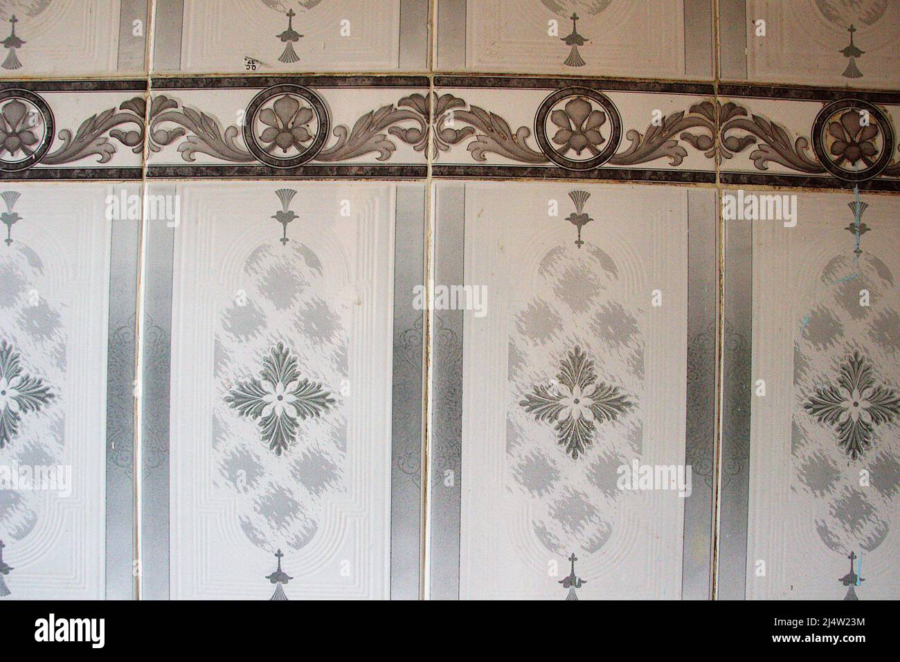 Close view of design of laid out bathroom wall tiles Stock Photo