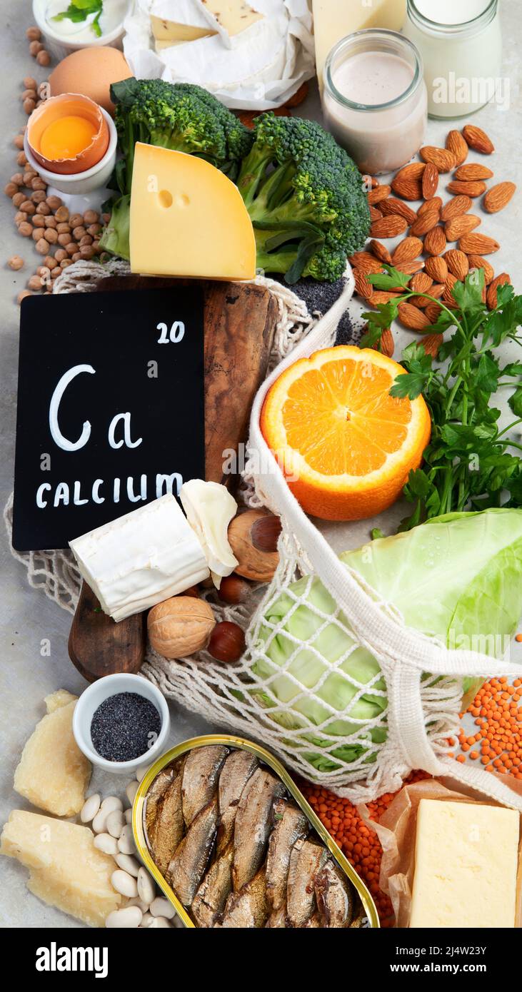 Healthy food high in calcium on light background. Dairy products