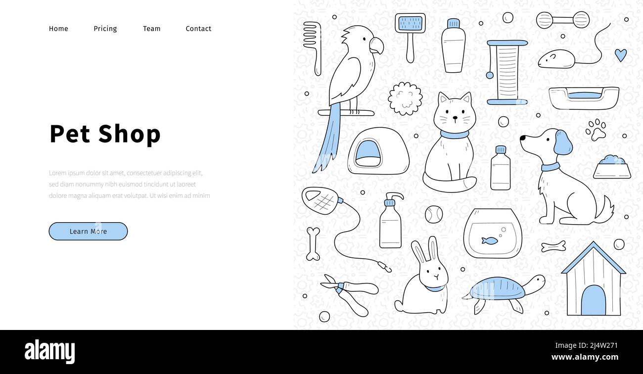 Pet shop banner with doodle cat, dog, parrot, mouse, and bunny. Vector ...