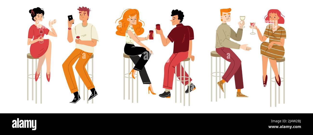 People drinking wine, dating, celebrate party. Couple male and female characters holding wineglasses sit on high chairs in bar communicate, laugh, drink alcohol Linear cartoon flat vector illustration Stock Vector