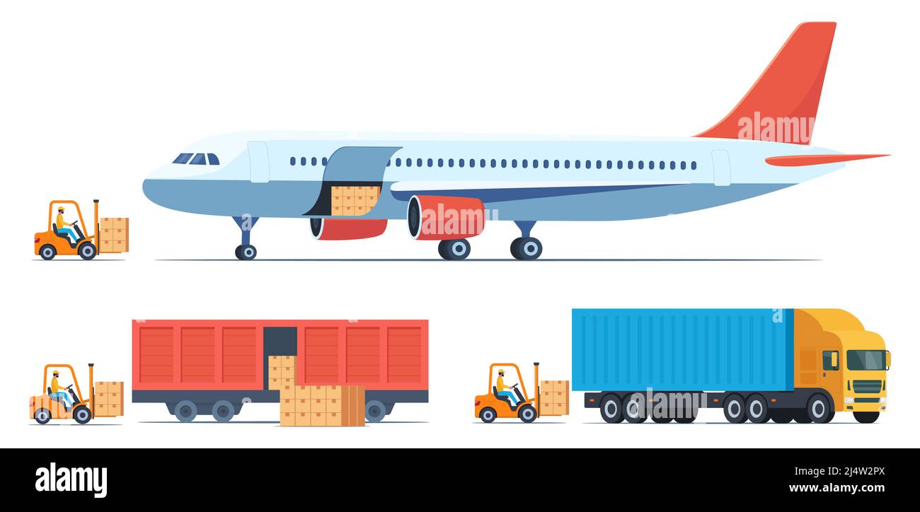 Loading boxes with goods into different types of cargo transport. Cargo plane, train, truck and