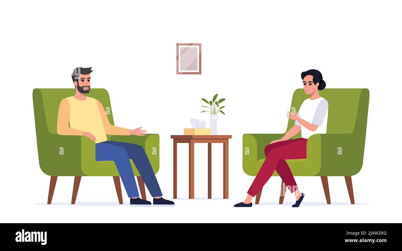 Female psychotherapist has an Individual session with her patient. Man sits  on the chair and tells something to his counselor. Talk therapy concept. V  Stock Vector Image & Art - Alamy