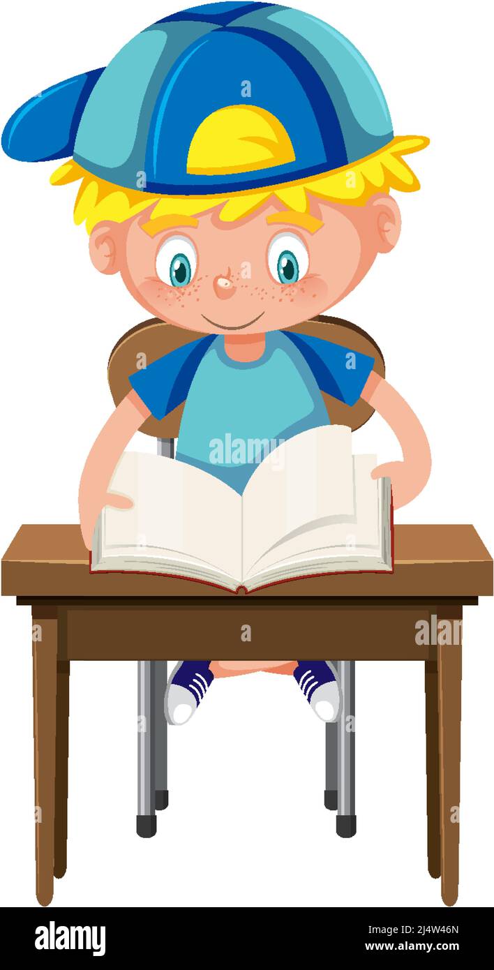 Boy reading book on school desk illustration Stock Vector Image & Art ...