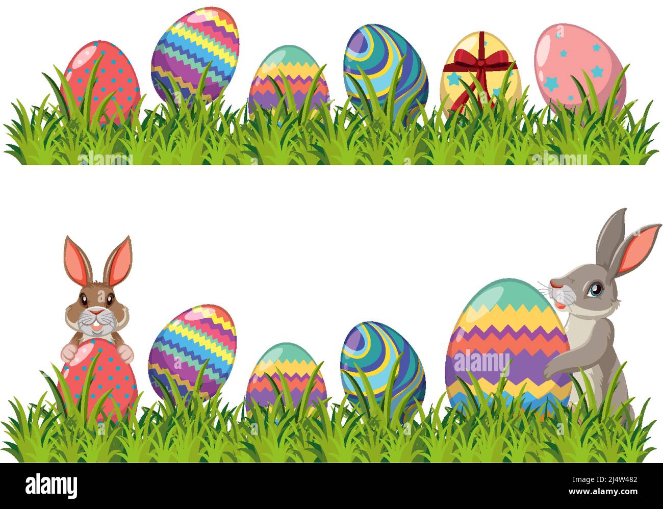 Easter bunny and decorated eggs on green grass illustration Stock ...