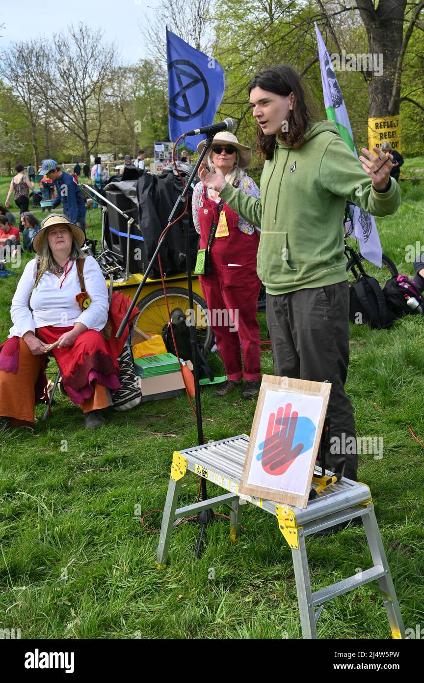 London, UK. 17 April 2022. Extinction Rebellion wrap-up of 8 days protesting 'End Fossil Fuel Now' at the Hype park, London, UK. Credit: Picture Capital/Alamy Live News Stock Photo