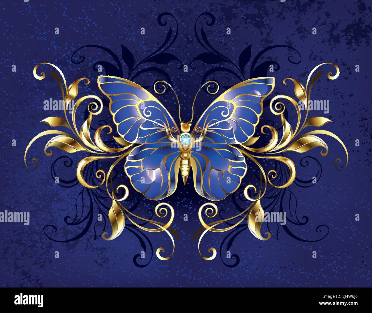 Golden, jewelry, butterfly with blue, shiny, sapphire wings, decorated with symmetrical pattern of gold, on dark, textured, blue background. Sapphire Stock Vector