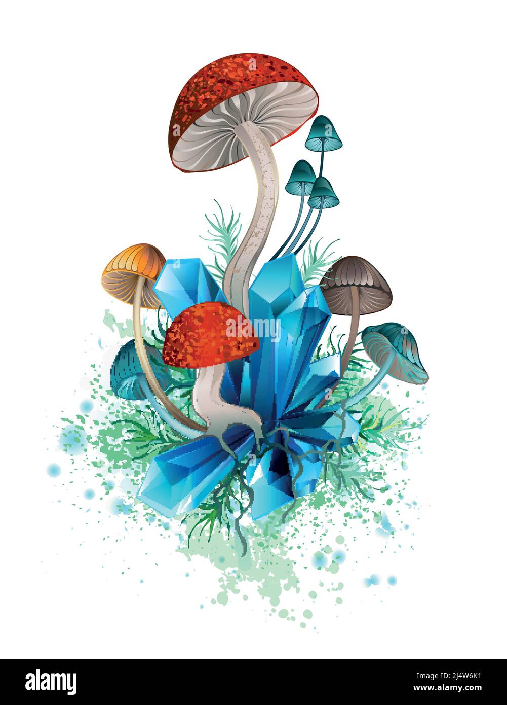 Artistically drawn, red, blue, yellow stylized mushrooms and moss growing on blue crystal. Stock Vector
