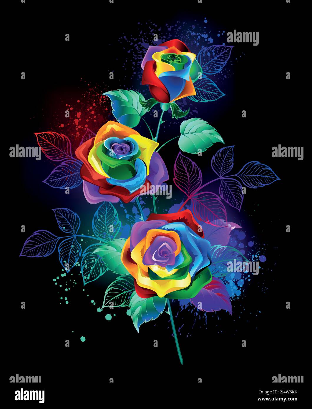 Branch of artistically drawn, unrealistic, fantastic, bright, rainbow roses with drops of luminous paint on black background. Rainbow rose. Stock Vector