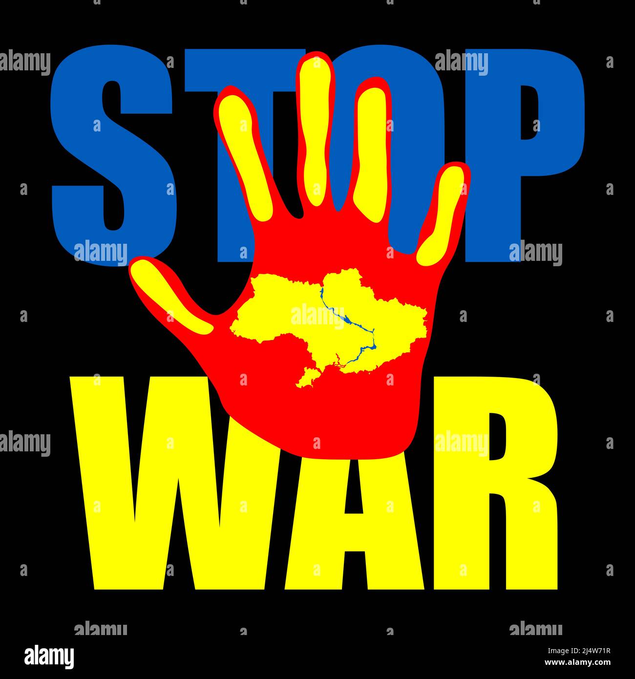 Stop war sign on hand icon. No war conceptal vector illustration with the map of Ukraine painted on the hand Stock Vector