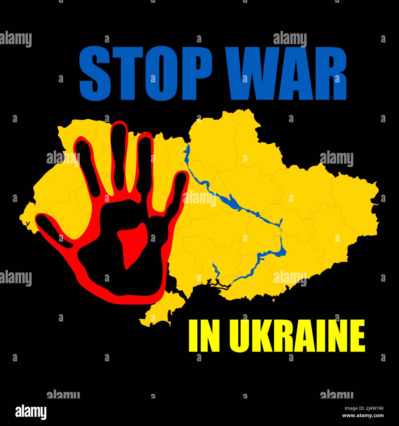Stop war sign with hand icon. No war in Ukraine conceptal vector illustration with lettering Stop war in Ukraine and painted hand palm on the backgrou Stock Vector