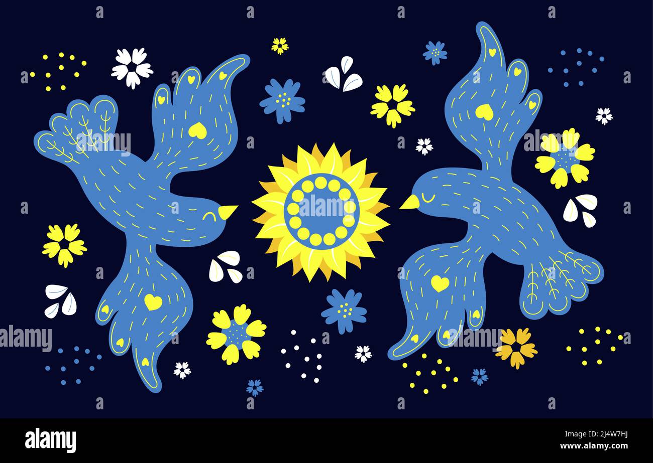 Ukrainian poster with yellow and blue birds with sunflower and flowers on dark blue background. Vector illustration. color of Ukrainian flag Stock Vector