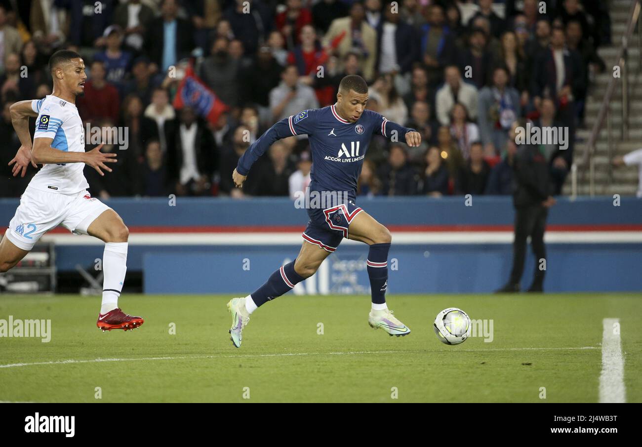 Kylian Mbappe of PSG, William Saliba of Marseille (left) during the French  championship Ligue 1 football match between Paris Saint-Germain (PSG) and  Olympique de Marseille (OM) on April 17, 2022 at Parc