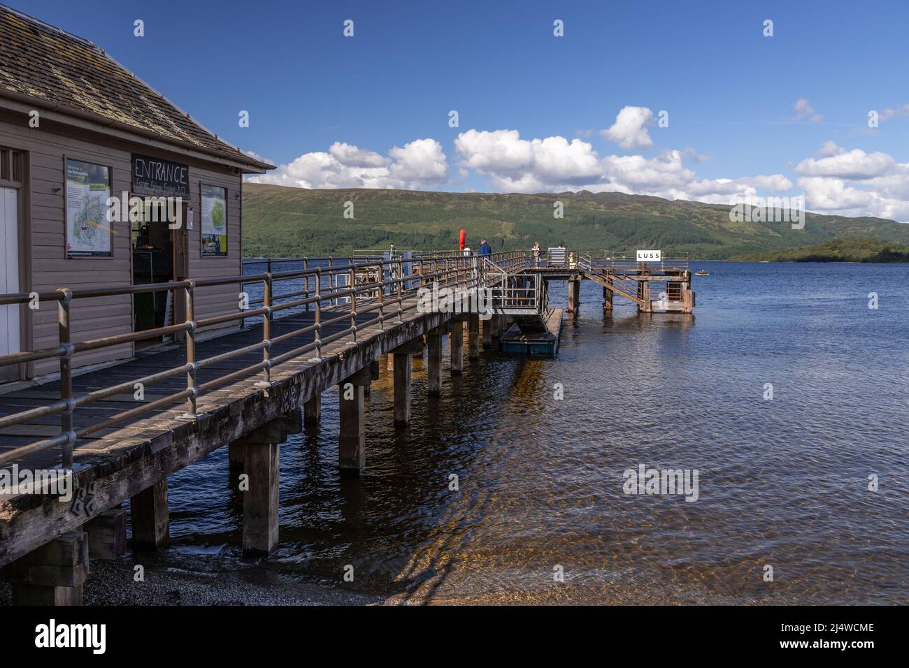 Wooden pier at Luss on Loch Lomond, Scotland Stock Photo