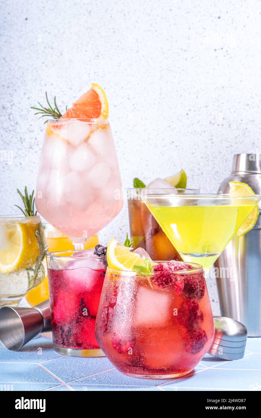 Summer bar cocktails menu. Set of different glasses variations of