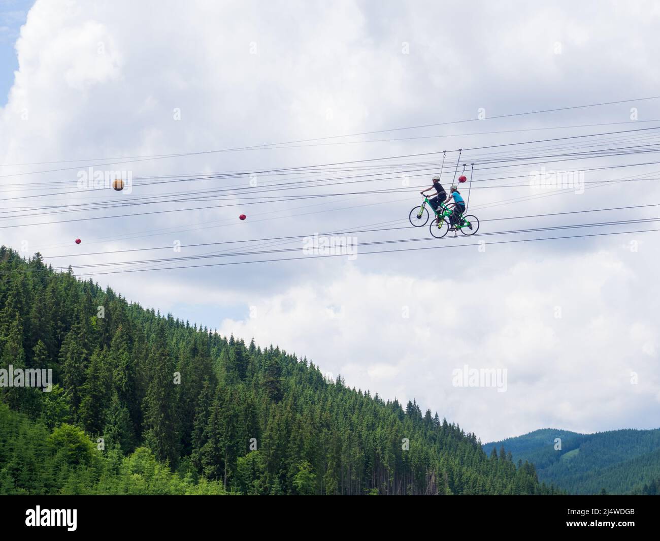 Zip bike on the ski resort Bukovel Stock Photo