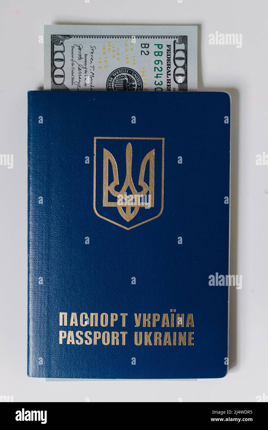 Hundred US dollar bill inside Ukrainian passport. Bribe during the war Stock Photo