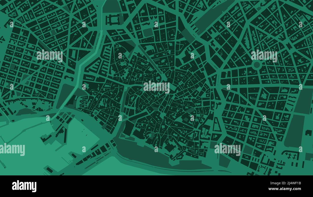 Dark green Palma de Mallorca City area vector background map, streets and water cartography illustration. Widescreen proportion, digital flat design s Stock Vector