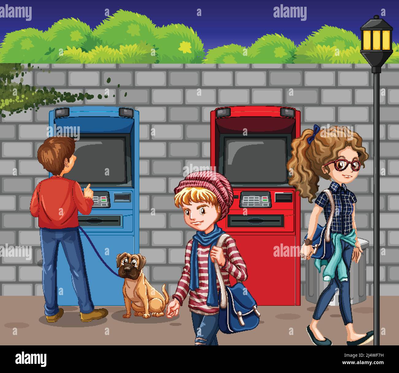 ATM machine street scene with people illustration Stock Vector Image ...