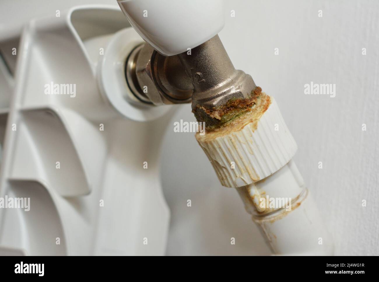 A closeup of a leaking radiator valve. Fixing, repairing a central heating radiator leakage