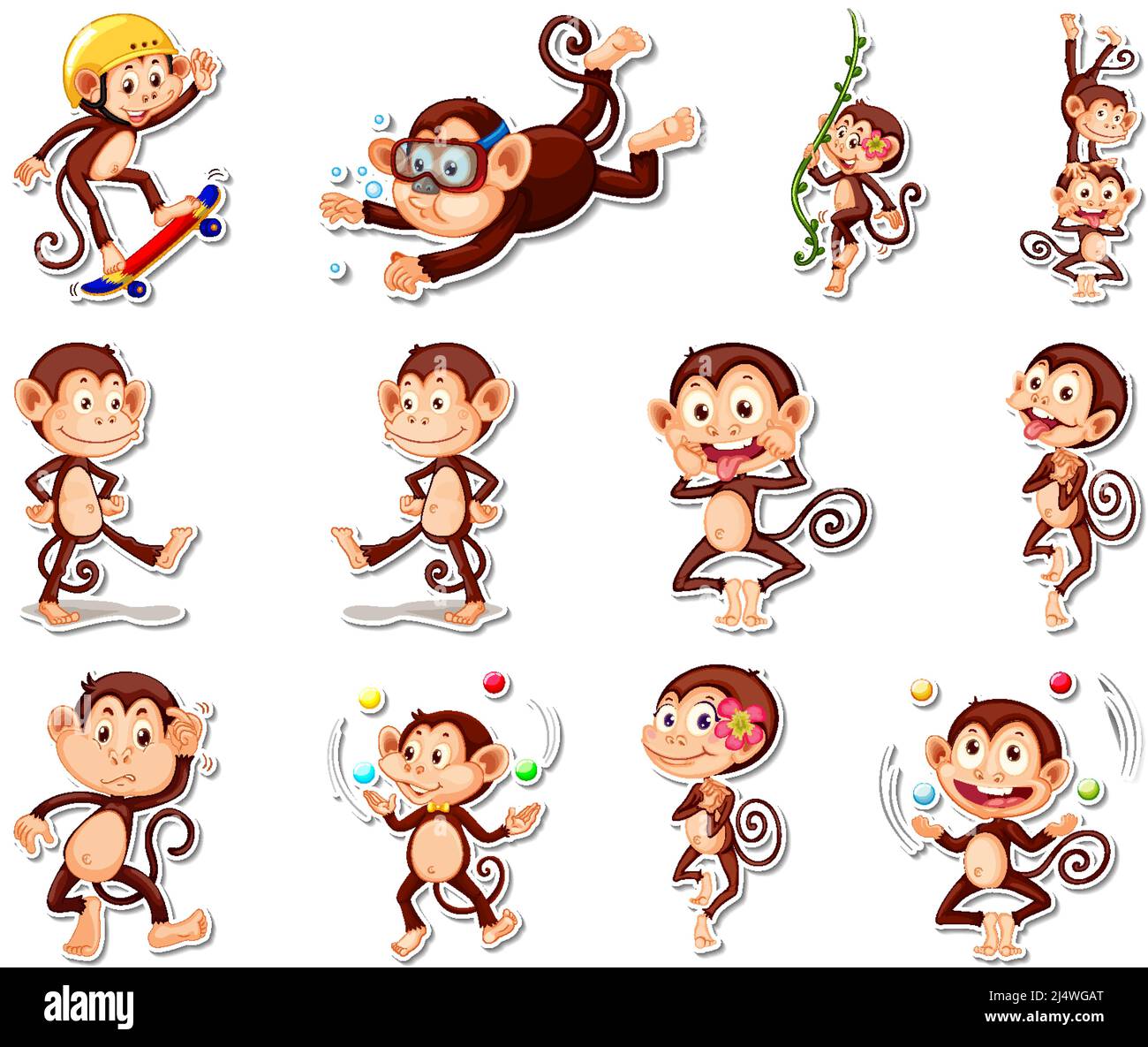Sticker set of funny monkey cartoon characters illustration Stock ...