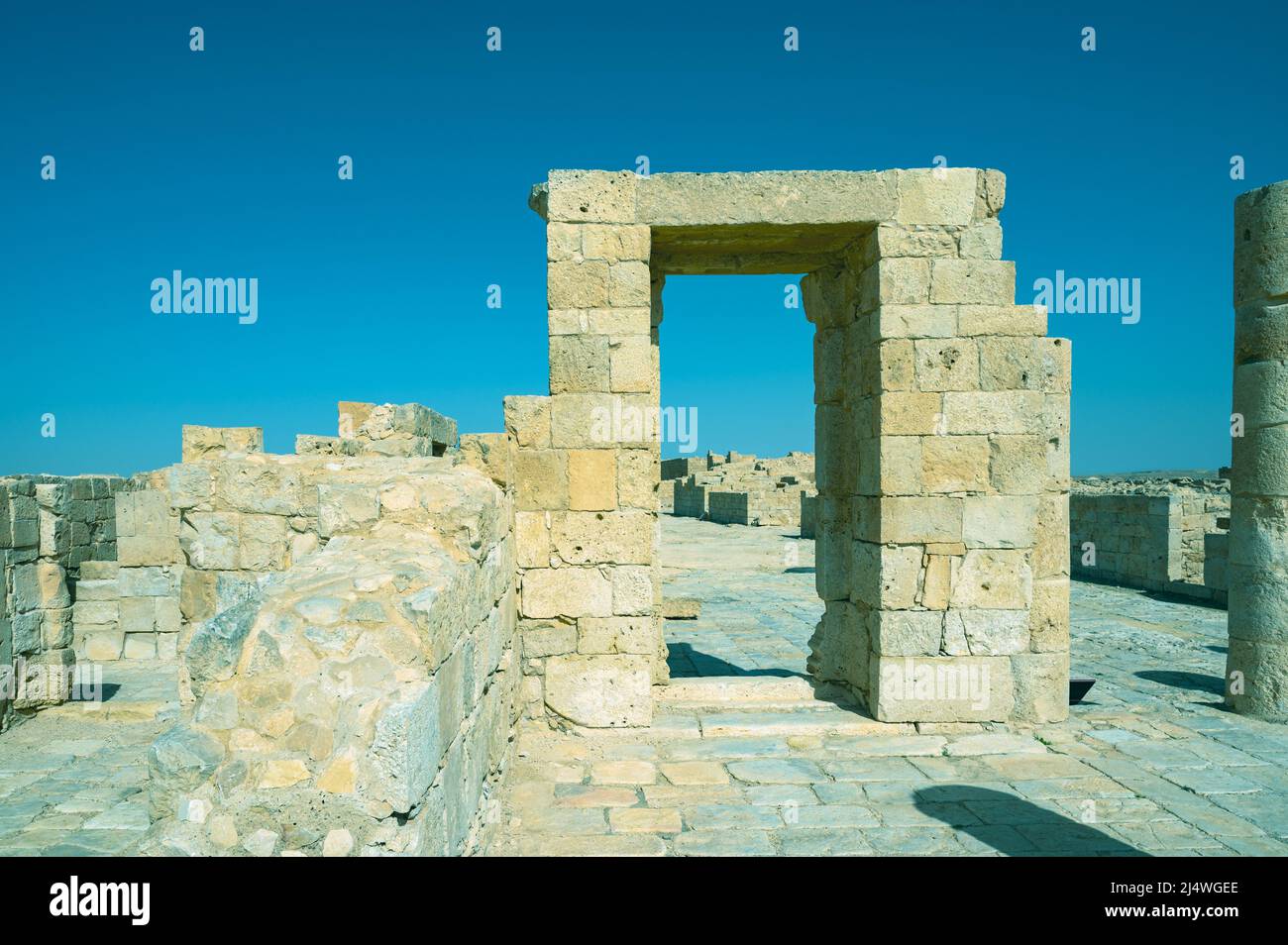 View of the ruined buildings in the ancient Nabataean city of Avdat, now a national Park, in the Negev Desert, Southern Israel Stock Photo
