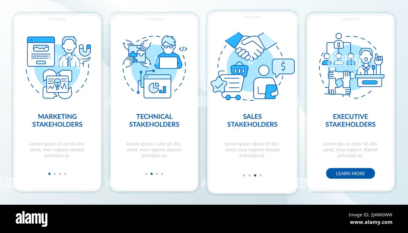 Types of stakeholders blue onboarding mobile app screen Stock Vector ...